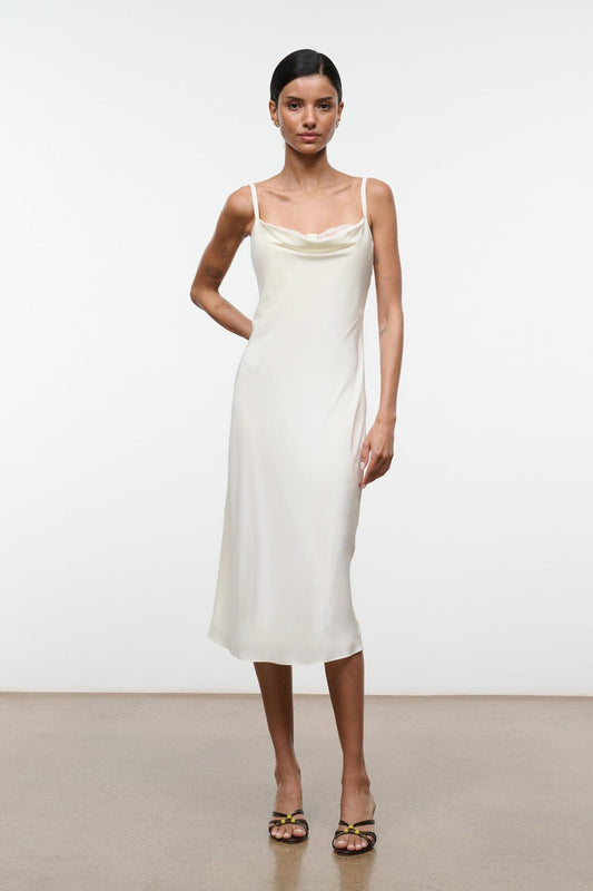 Evangeline Silk Midi Dress Ivory | STAUD Trending