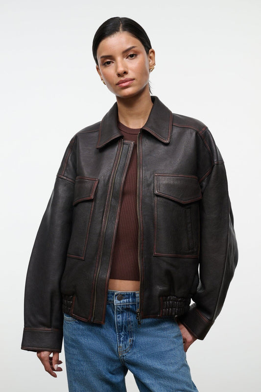 Eugene Leather Jacket Distressed Brown | STAUD Essential