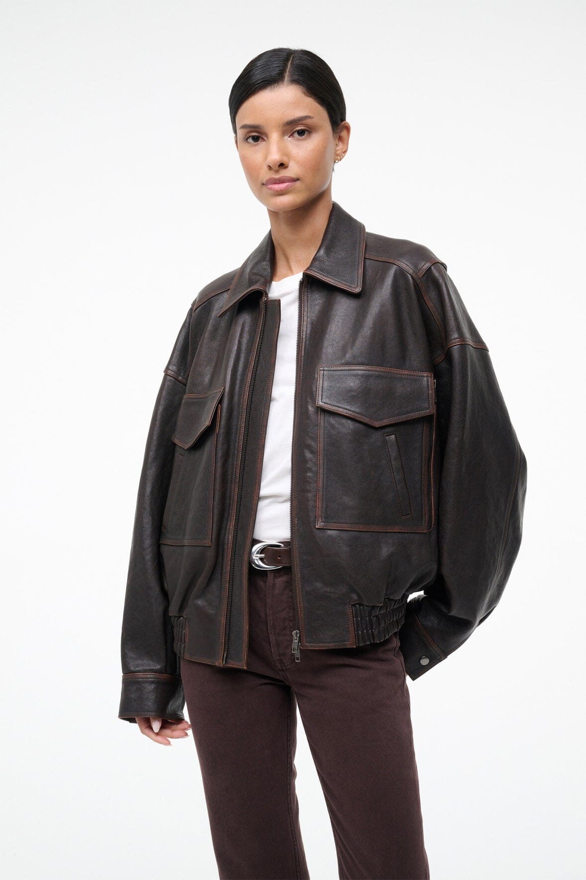 Eugene Leather Jacket Distressed Brown | STAUD Essential