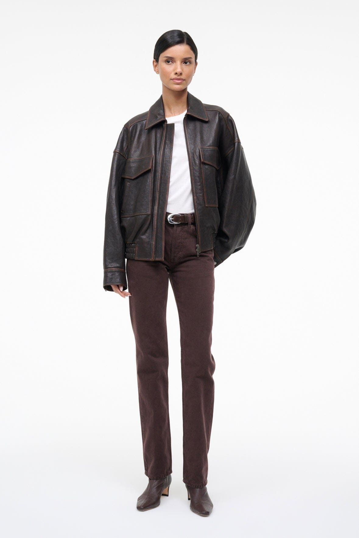 Eugene Leather Jacket Distressed Brown | STAUD Essential