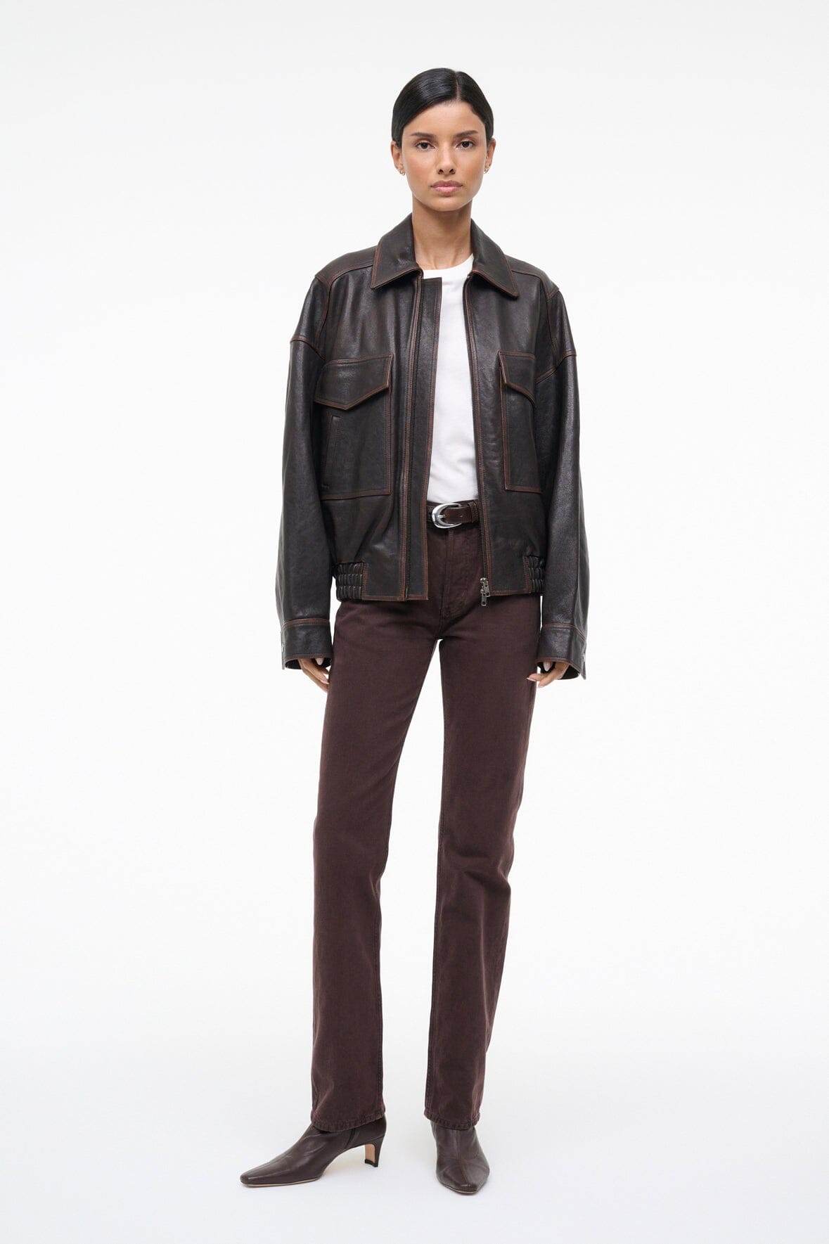 Eugene Leather Jacket Distressed Brown | STAUD Essential