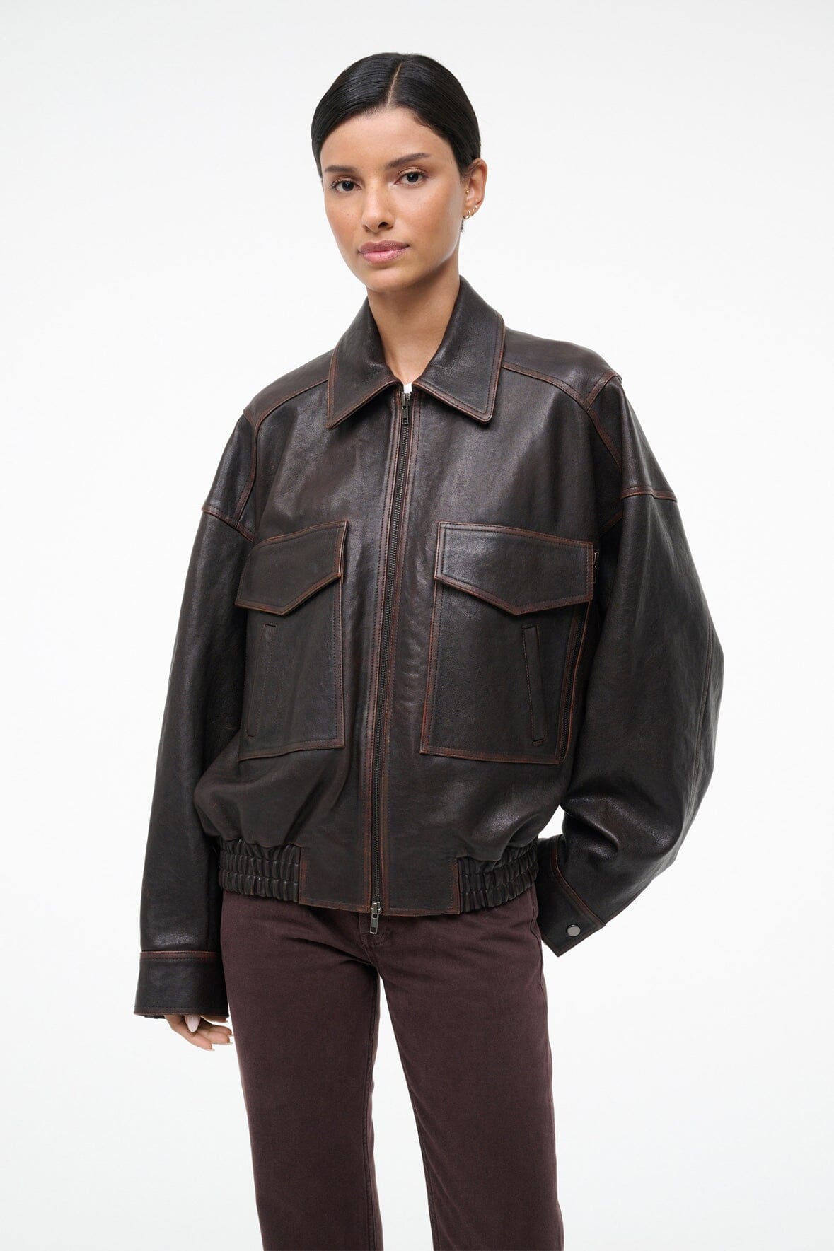 Eugene Leather Jacket Distressed Brown | STAUD Essential