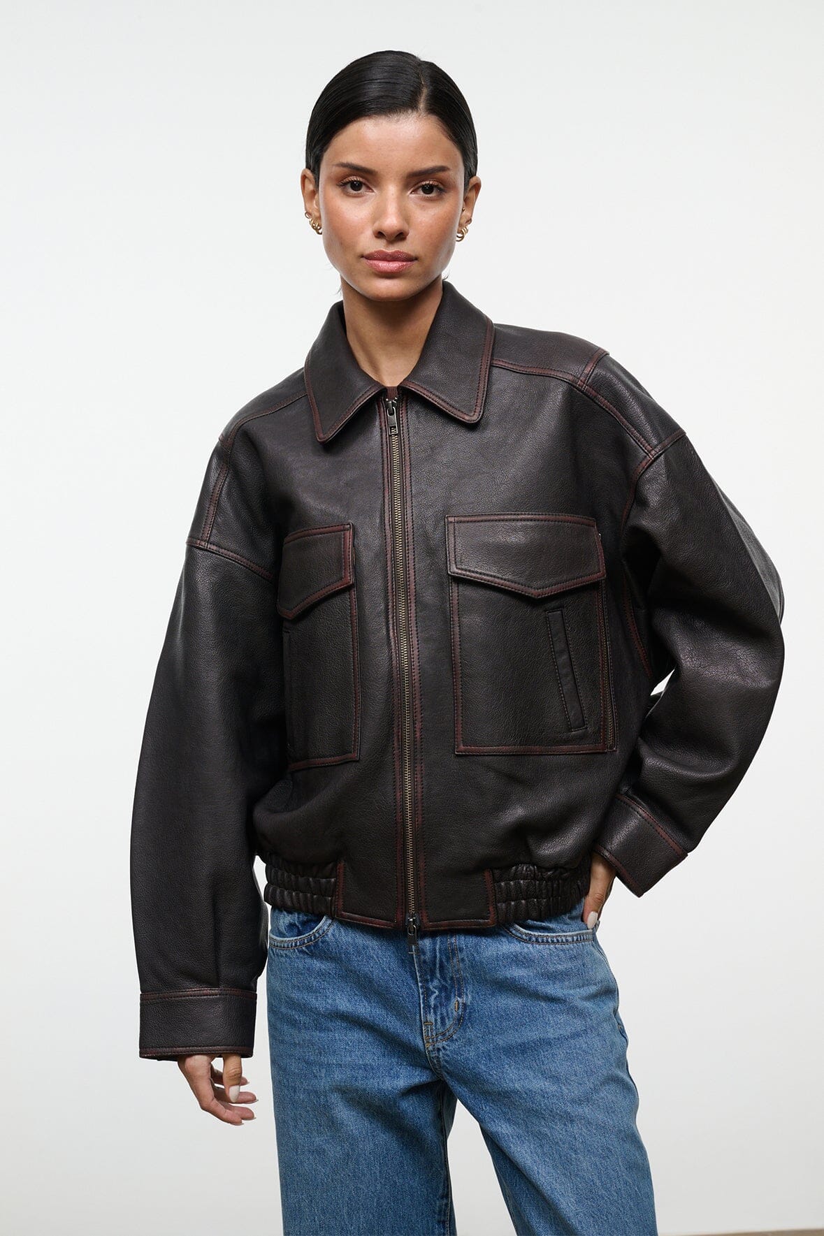Eugene Leather Jacket Distressed Brown | STAUD Essential