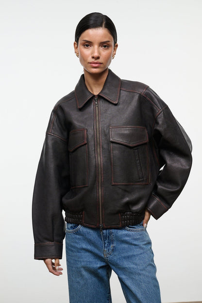 Eugene Leather Jacket Distressed Brown | STAUD Essential