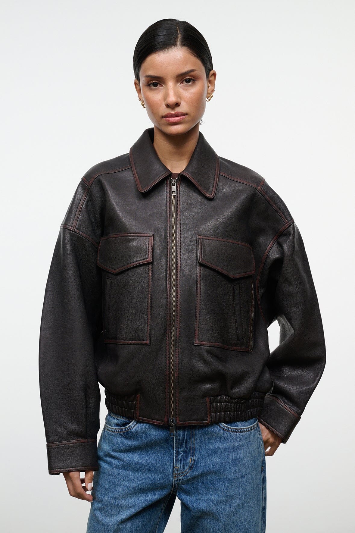 Eugene Leather Jacket Distressed Brown | STAUD Essential