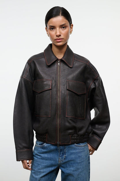 Eugene Leather Jacket Distressed Brown | STAUD Essential