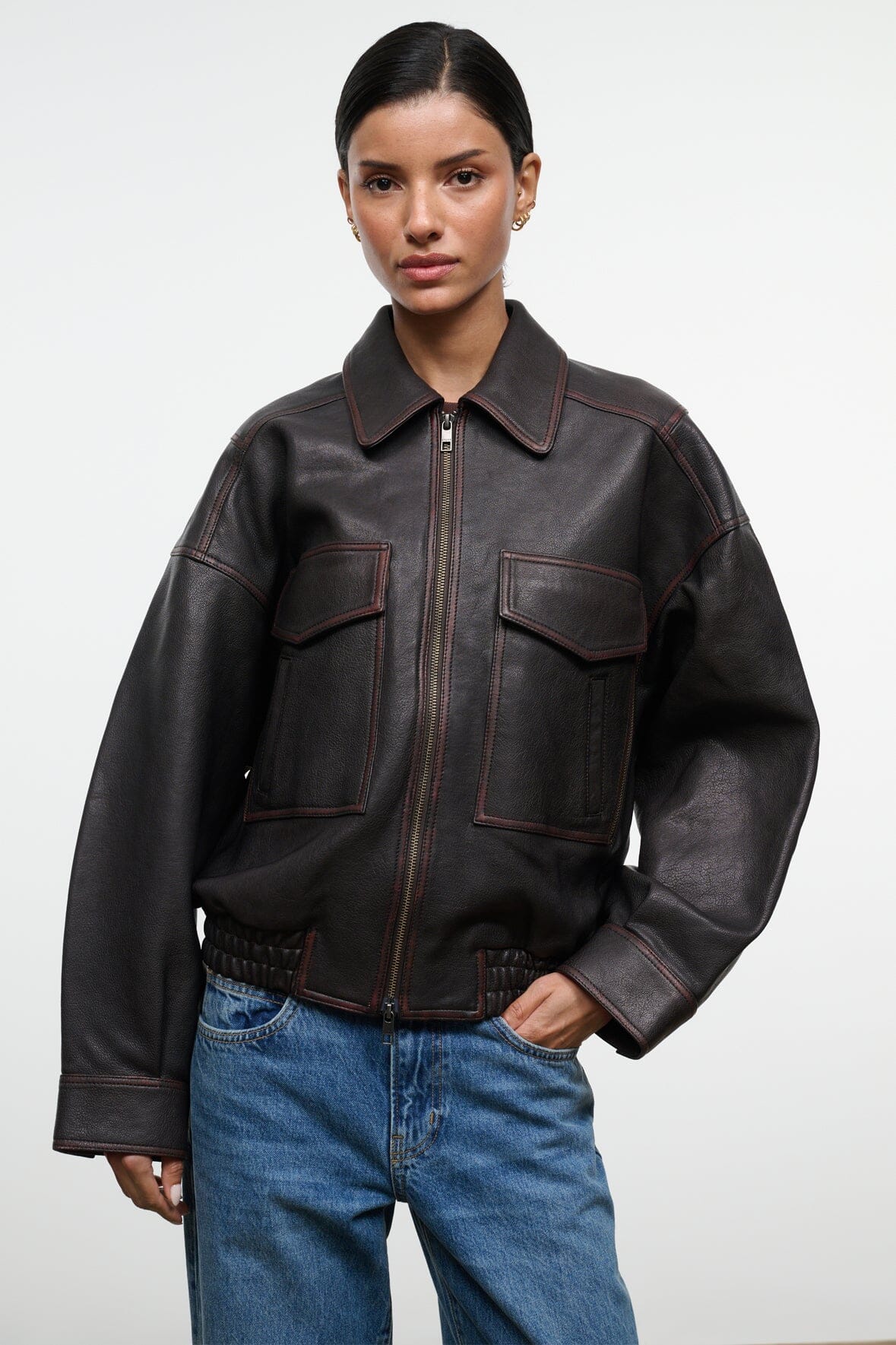 Eugene Leather Jacket Distressed Brown | STAUD Essential