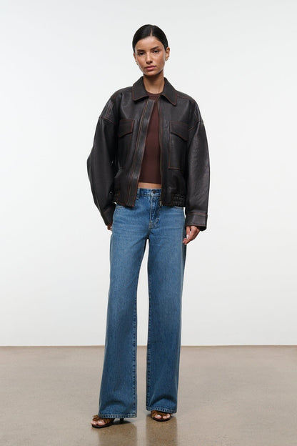 Eugene Leather Jacket Distressed Brown | STAUD Essential