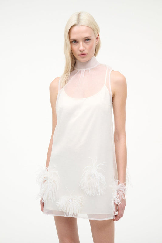 Albee Mini Dress In White - Sheer Organza With Feathers | STAUD Essential