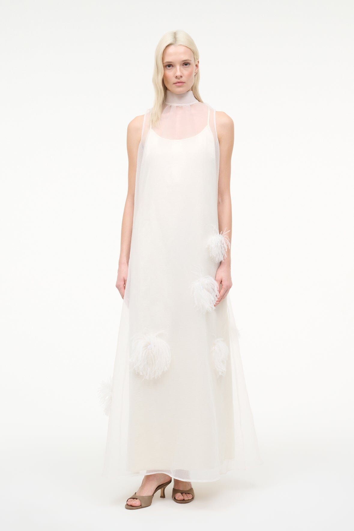 Albee White Gown - Sheer Organza With Feather Details | STAUD Sale