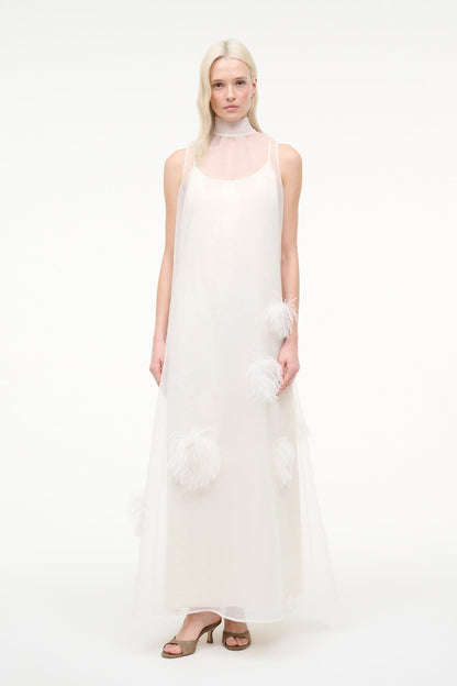 Albee White Gown - Sheer Organza With Feather Details | STAUD Sale
