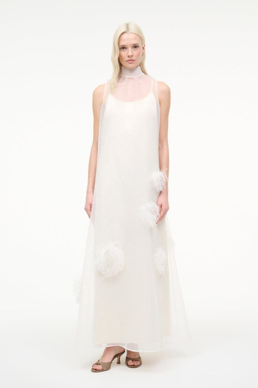 Albee White Gown - Sheer Organza With Feather Details | STAUD Sale