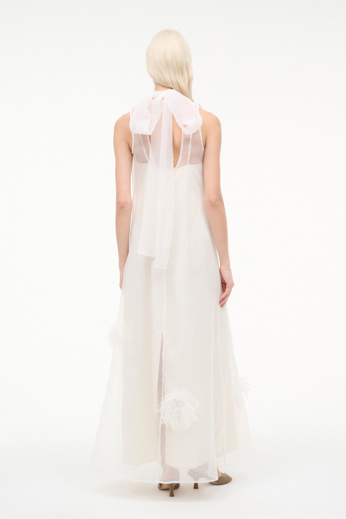 Albee White Gown - Sheer Organza With Feather Details | STAUD Sale