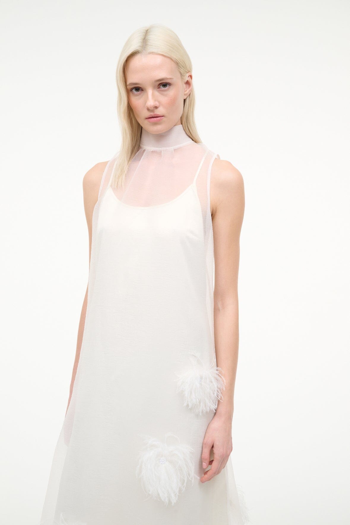 Albee White Gown - Sheer Organza With Feather Details | STAUD Sale