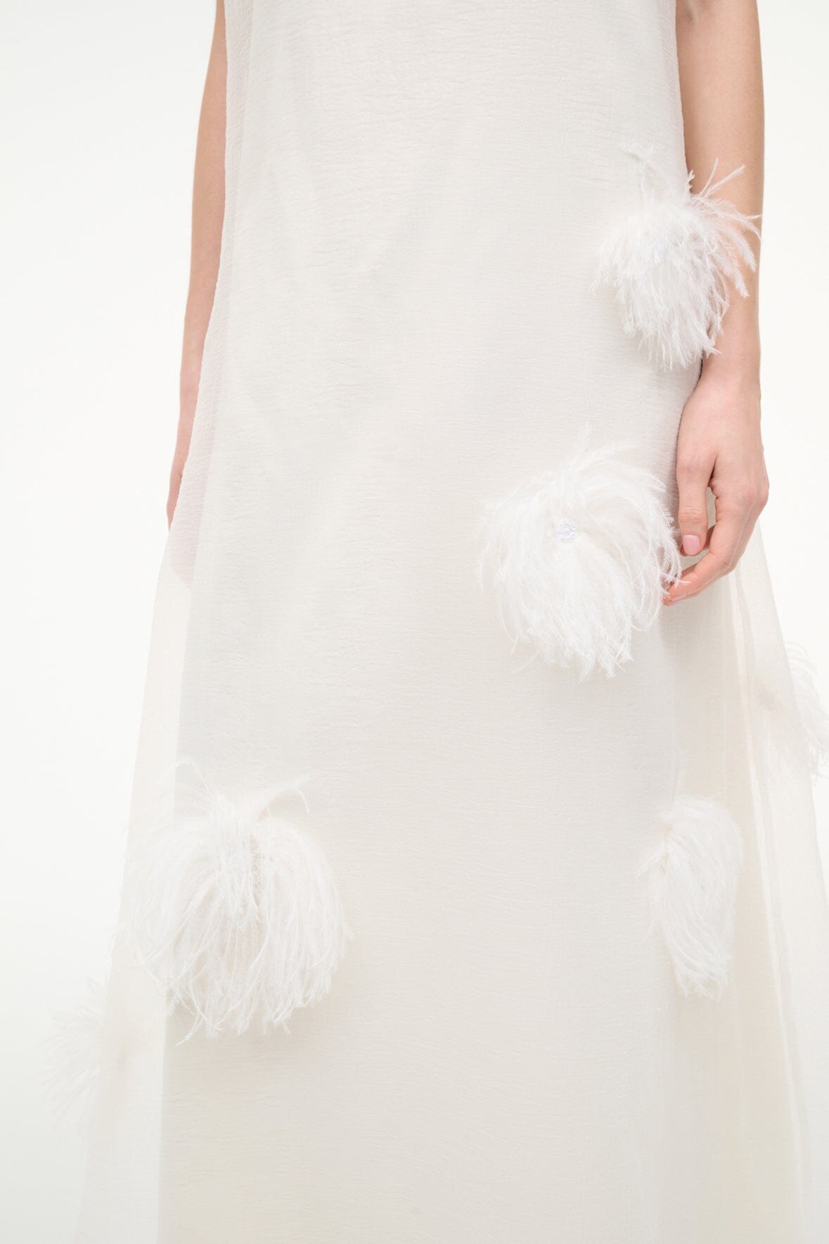 Albee White Gown - Sheer Organza With Feather Details | STAUD Sale