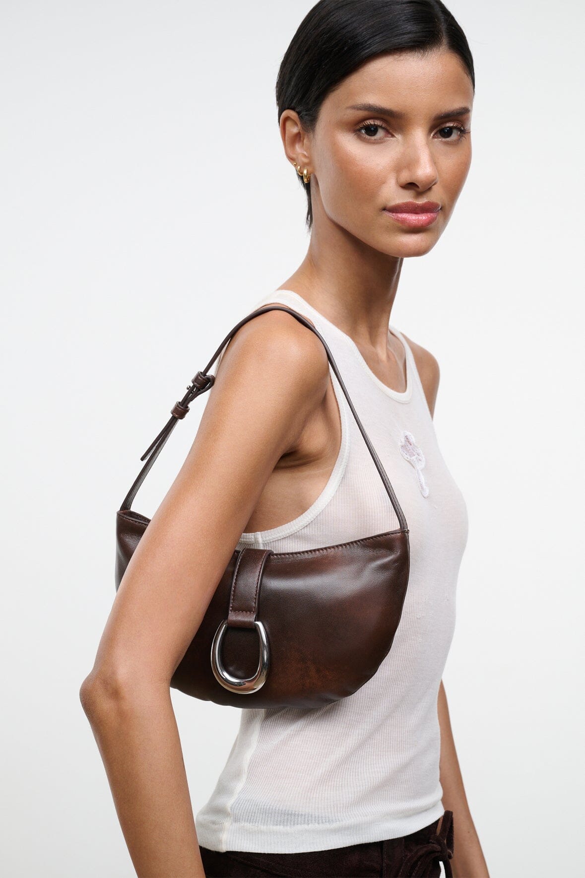 Harlow Crescent Shoulder Bag Espresso Distressed | STAUD Top Pick