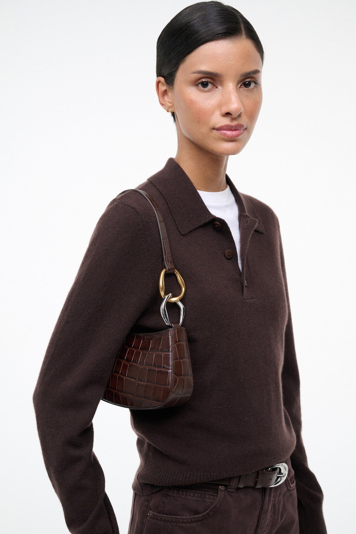 Ollie Bag Espresso Croc Leather Mini Shoulder Bag - Staud | STAUD Premium