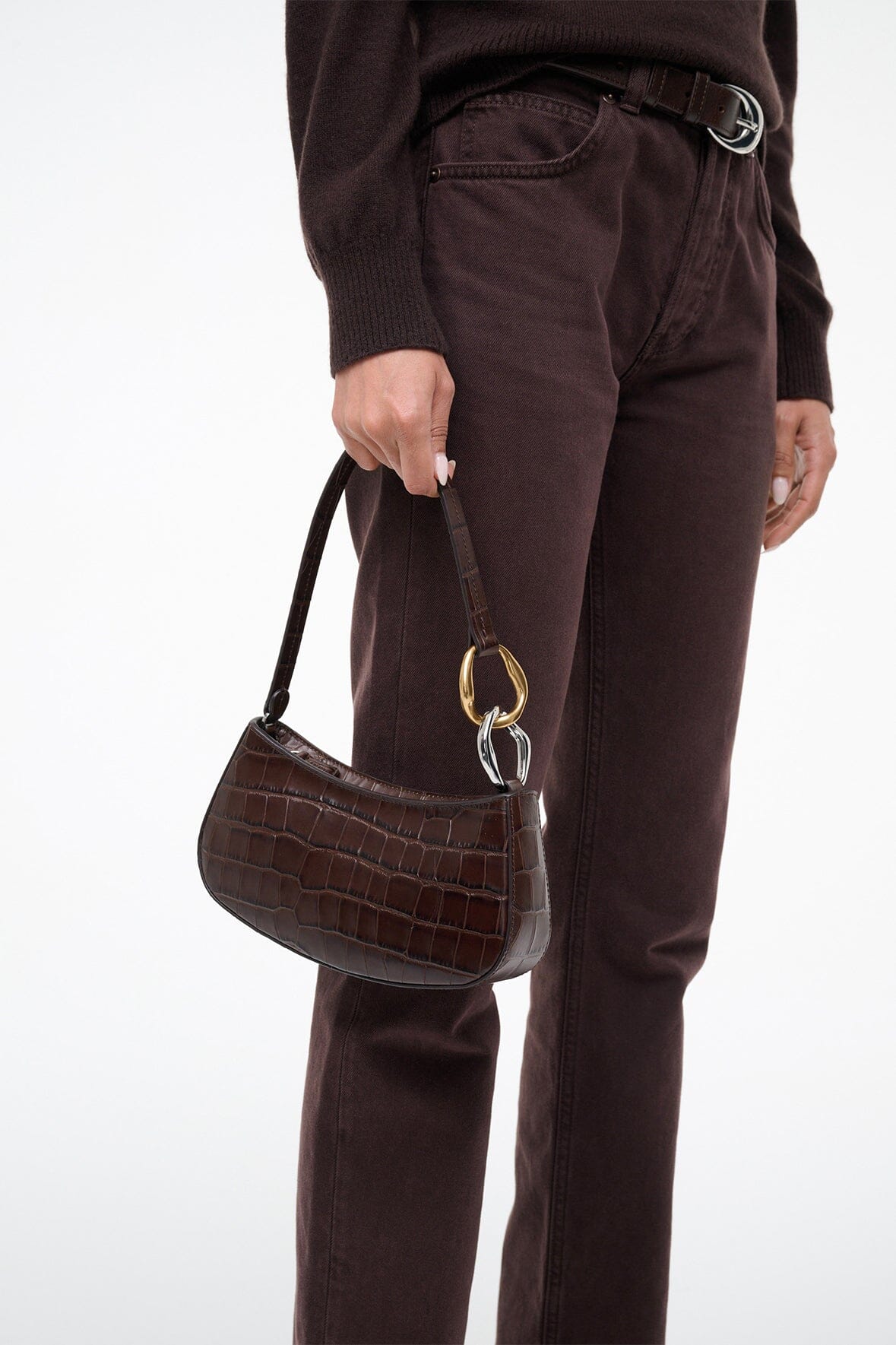 Ollie Bag Espresso Croc Leather Mini Shoulder Bag - Staud | STAUD Premium