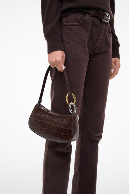 Ollie Bag Espresso Croc Leather Mini Shoulder Bag - Staud | STAUD Premium