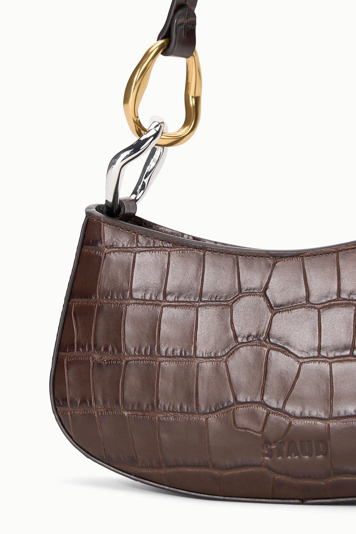 Ollie Bag Espresso Croc Leather Mini Shoulder Bag - Staud | STAUD Premium