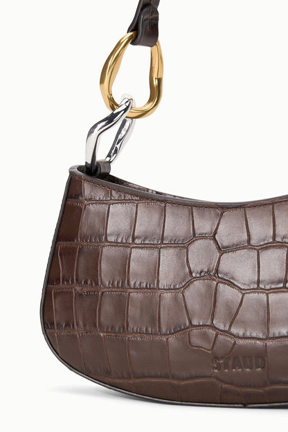 Ollie Bag Espresso Croc Leather Mini Shoulder Bag - Staud | STAUD Premium