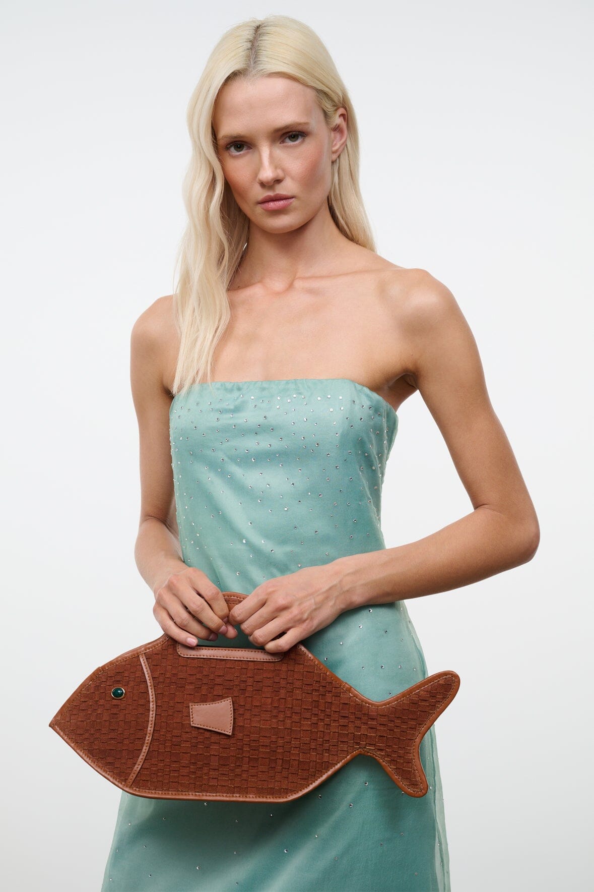 Cleo Fish Bag In Tabac - Unique Woven Suede Design | STAUD Great Value