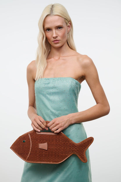 Cleo Fish Bag In Tabac - Unique Woven Suede Design | STAUD Great Value