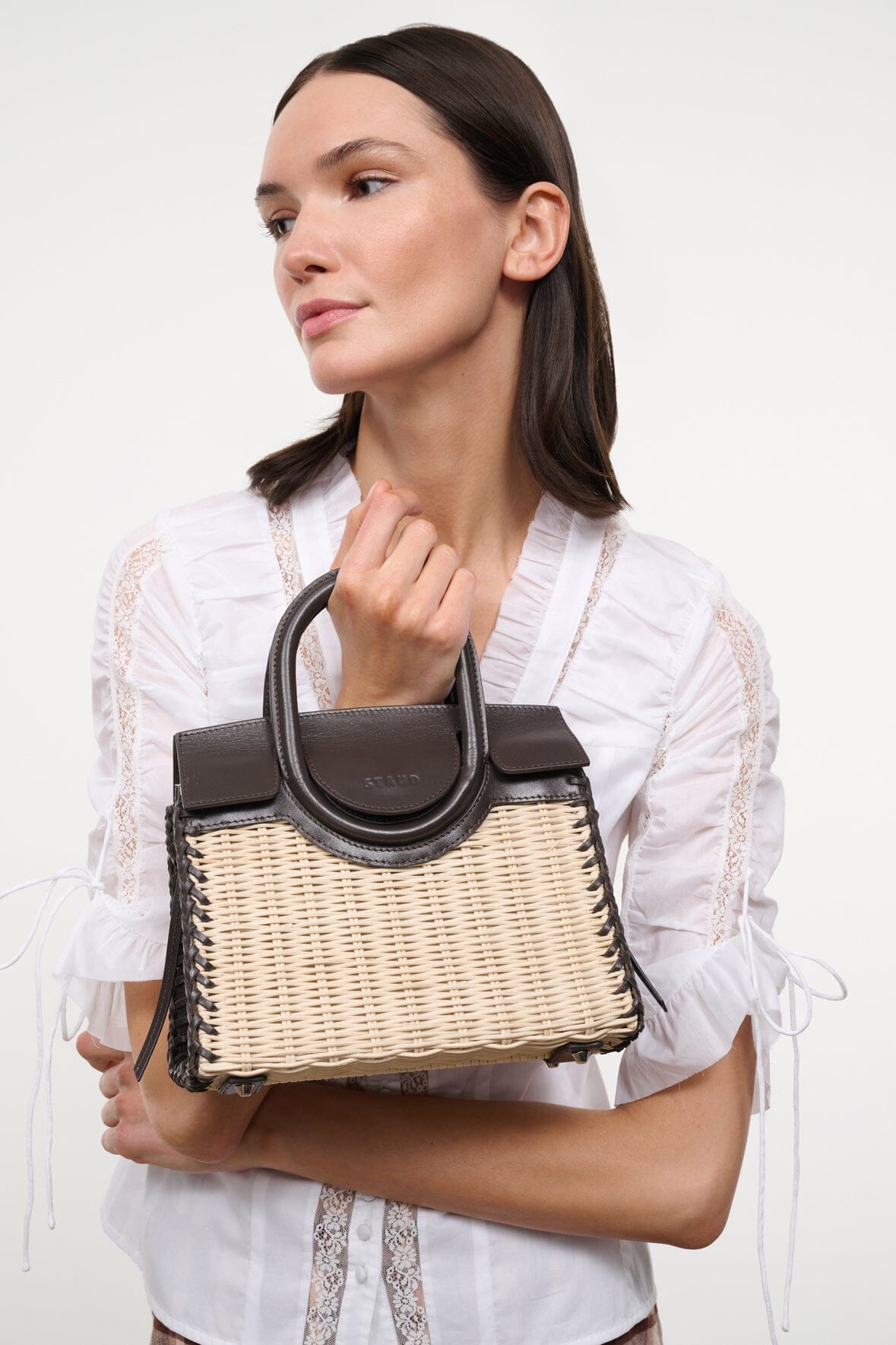 Maude Mini Wicker Carryall Natural Espresso | STAUD New