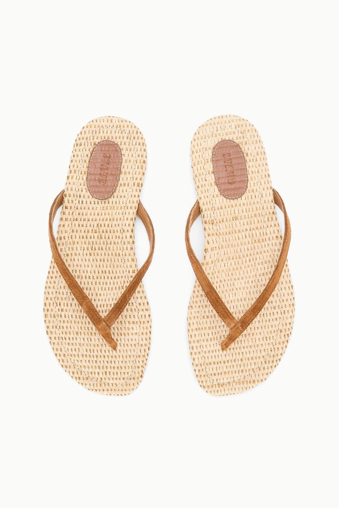 Tan Suede Freja Flip Flop Sandals With Raffia Footbed | STAUD Top Pick