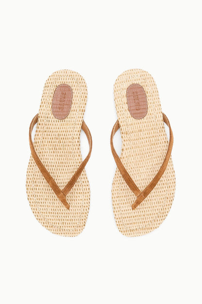 Tan Suede Freja Flip Flop Sandals With Raffia Footbed | STAUD Top Pick