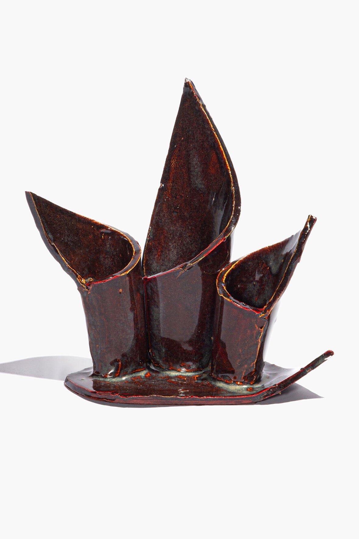 Ceramic Triple Candlestick Holder Maroon Wash Glaze | STAUD Top Pick