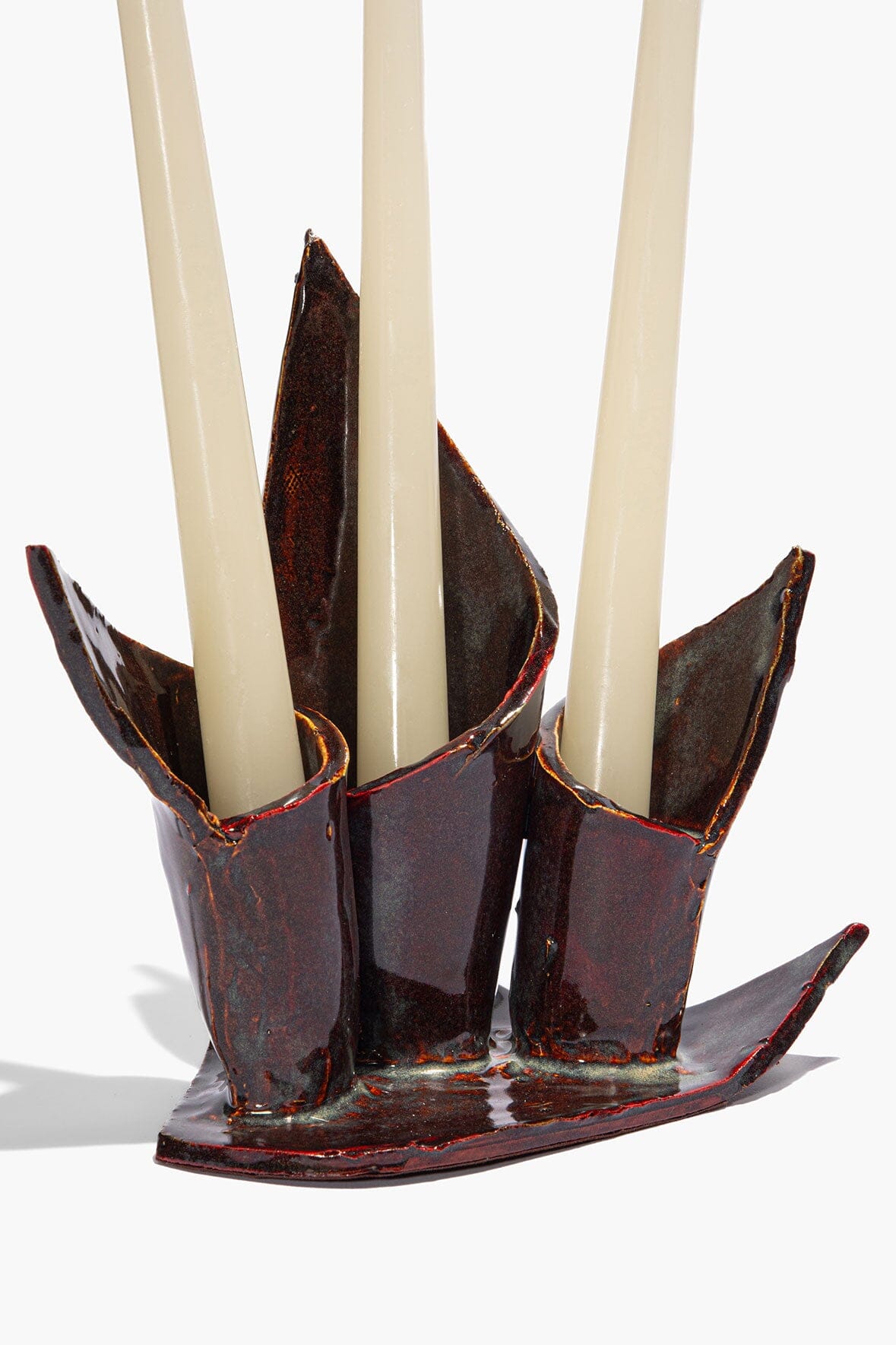 Ceramic Triple Candlestick Holder Maroon Wash Glaze | STAUD Top Pick