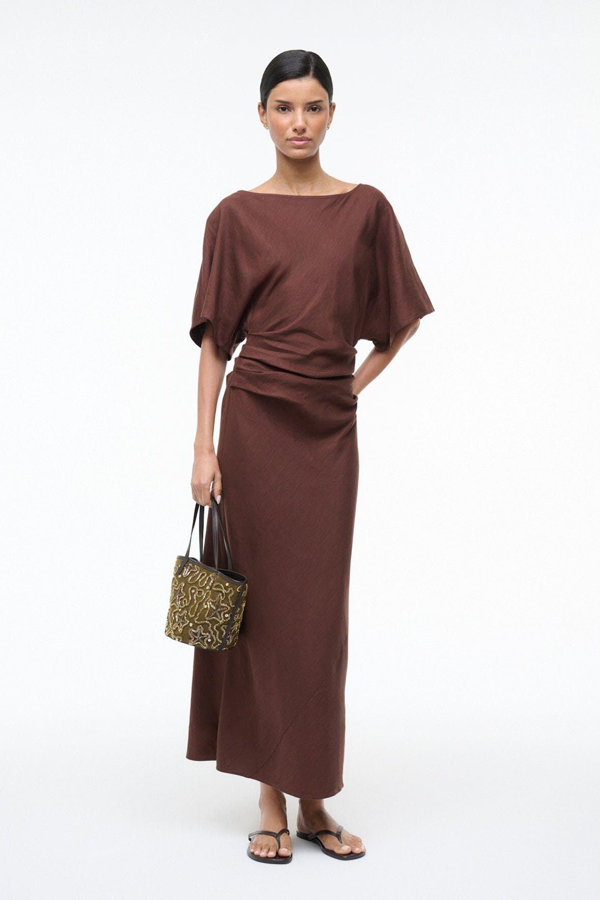 Amelie Linen Dress Dark Oak | STAUD Best Seller