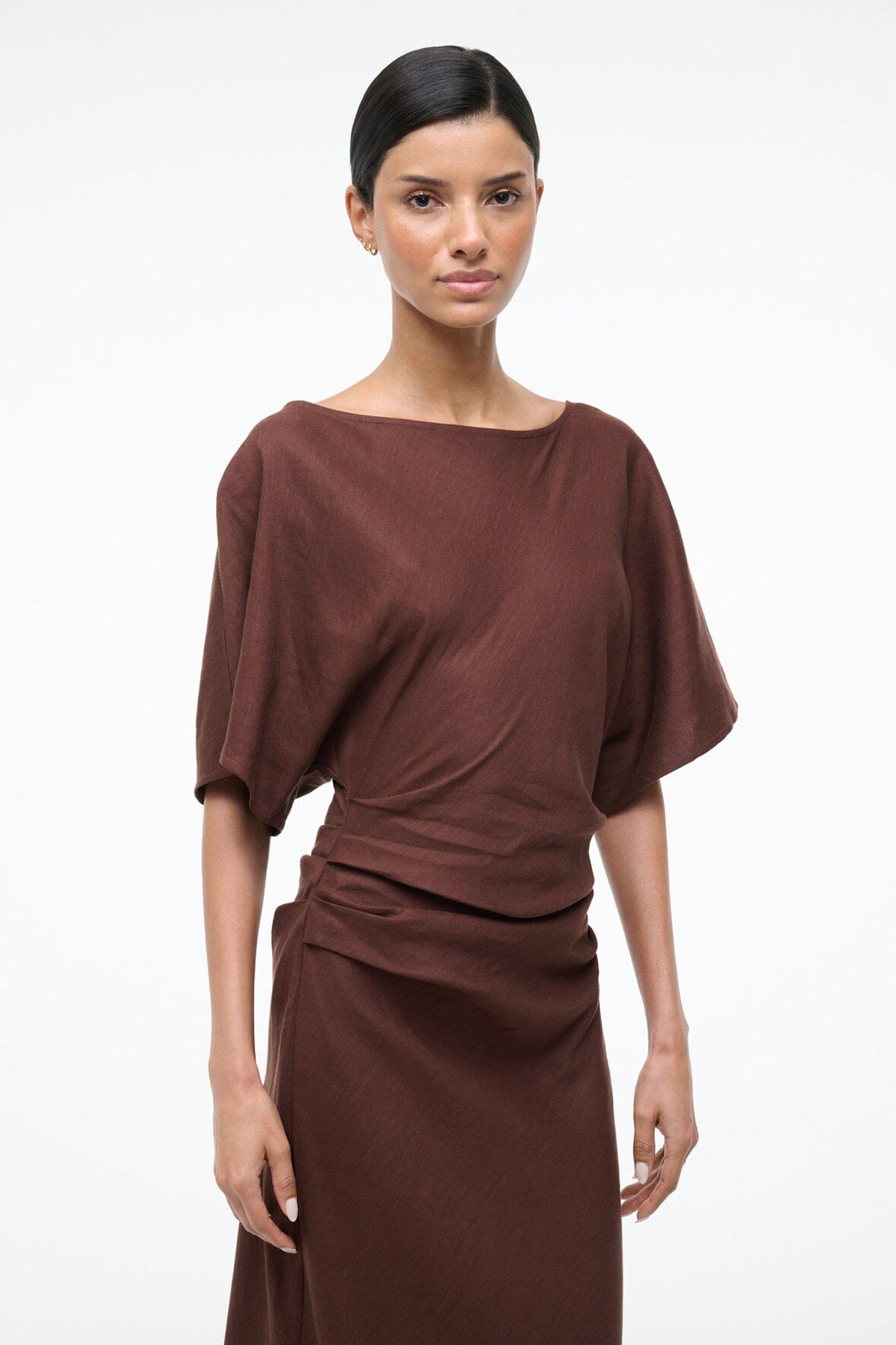 Amelie Linen Dress Dark Oak | STAUD Best Seller