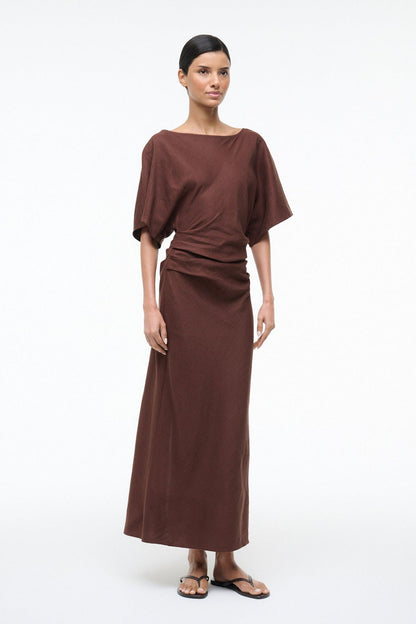 Amelie Linen Dress Dark Oak | STAUD Best Seller