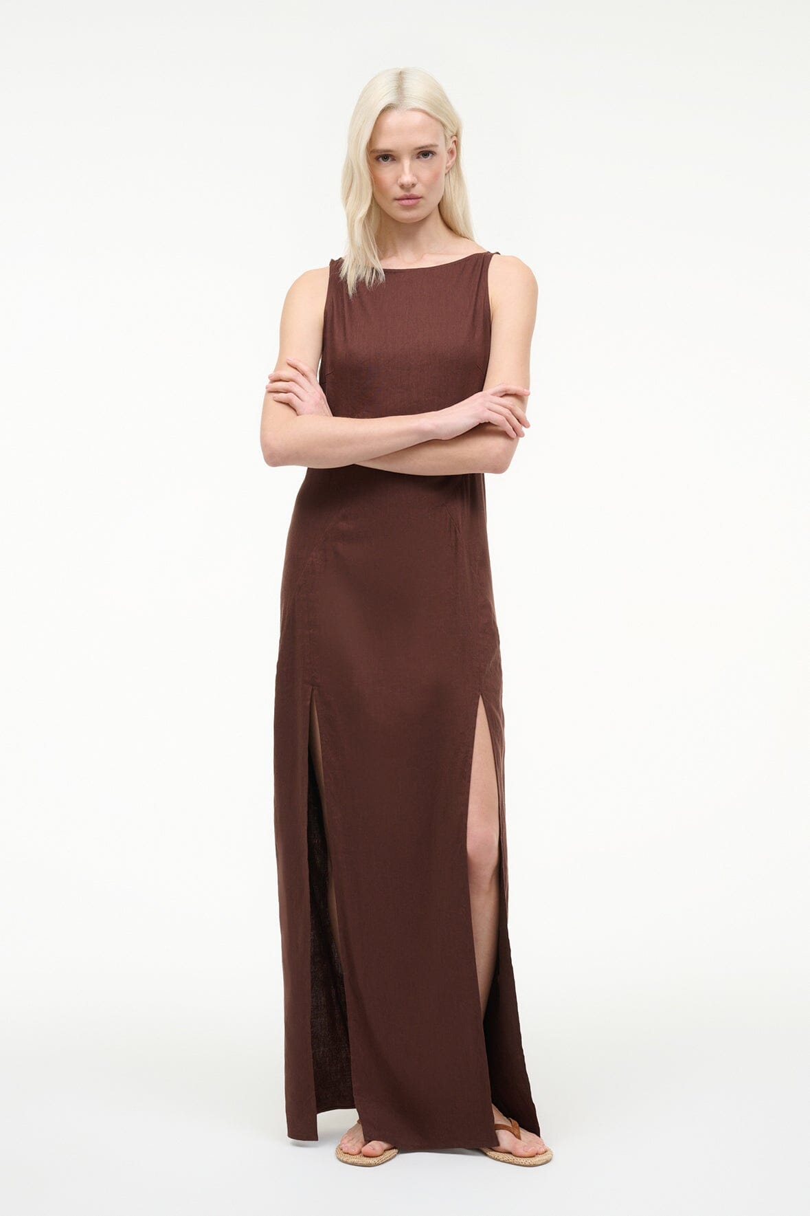 Costa Linen Dress Dark Oak | STAUD Trending