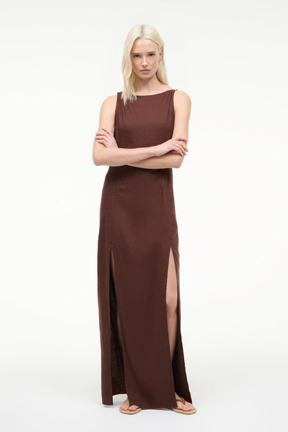 Costa Linen Dress Dark Oak | STAUD Trending