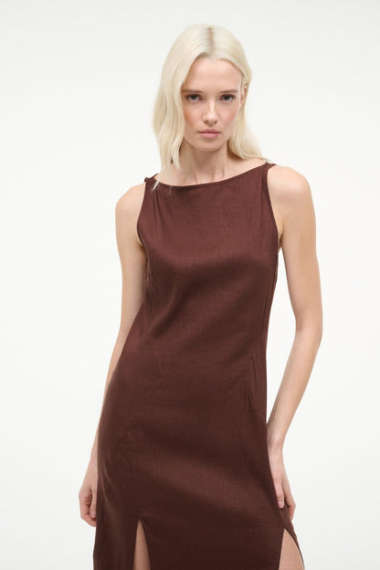 Costa Linen Dress Dark Oak | STAUD Trending