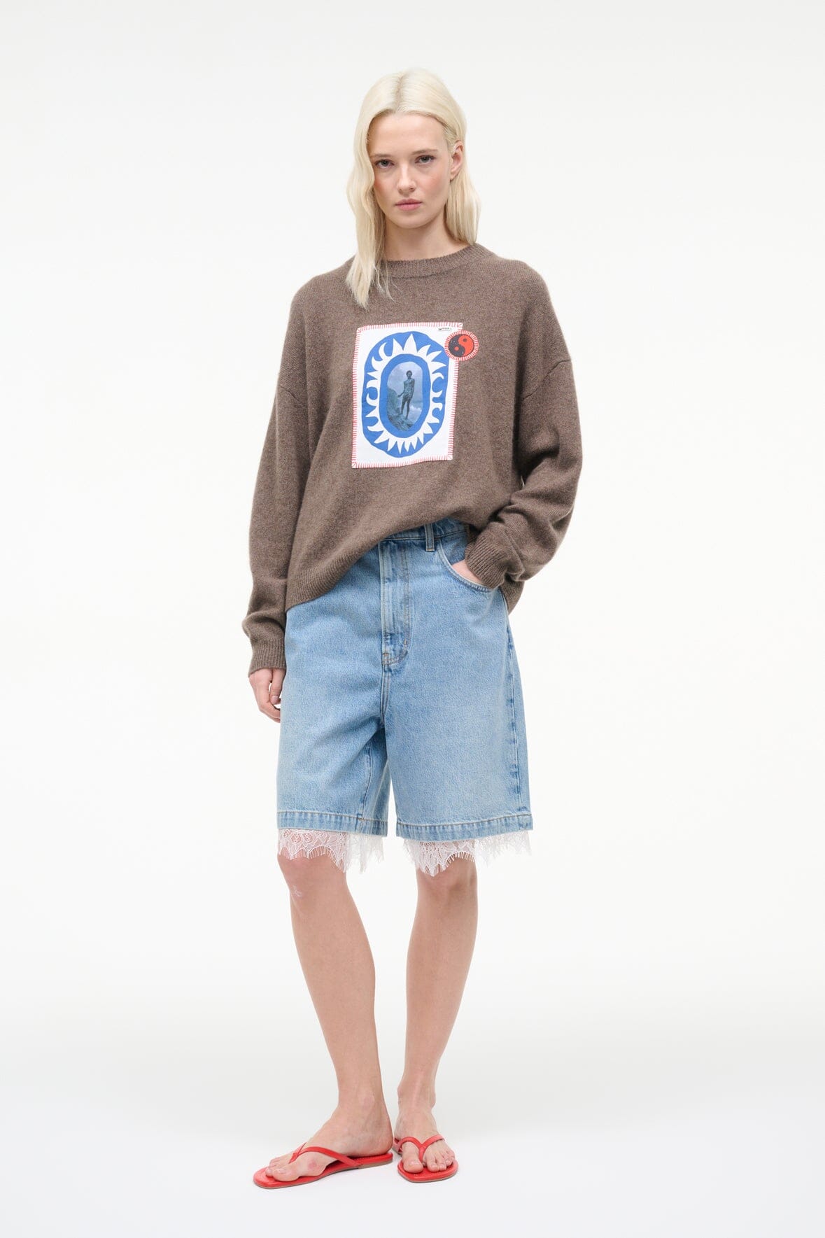 Serrano Cashmere Relaxed Crew Truffle Patchwork | STAUD Great Value