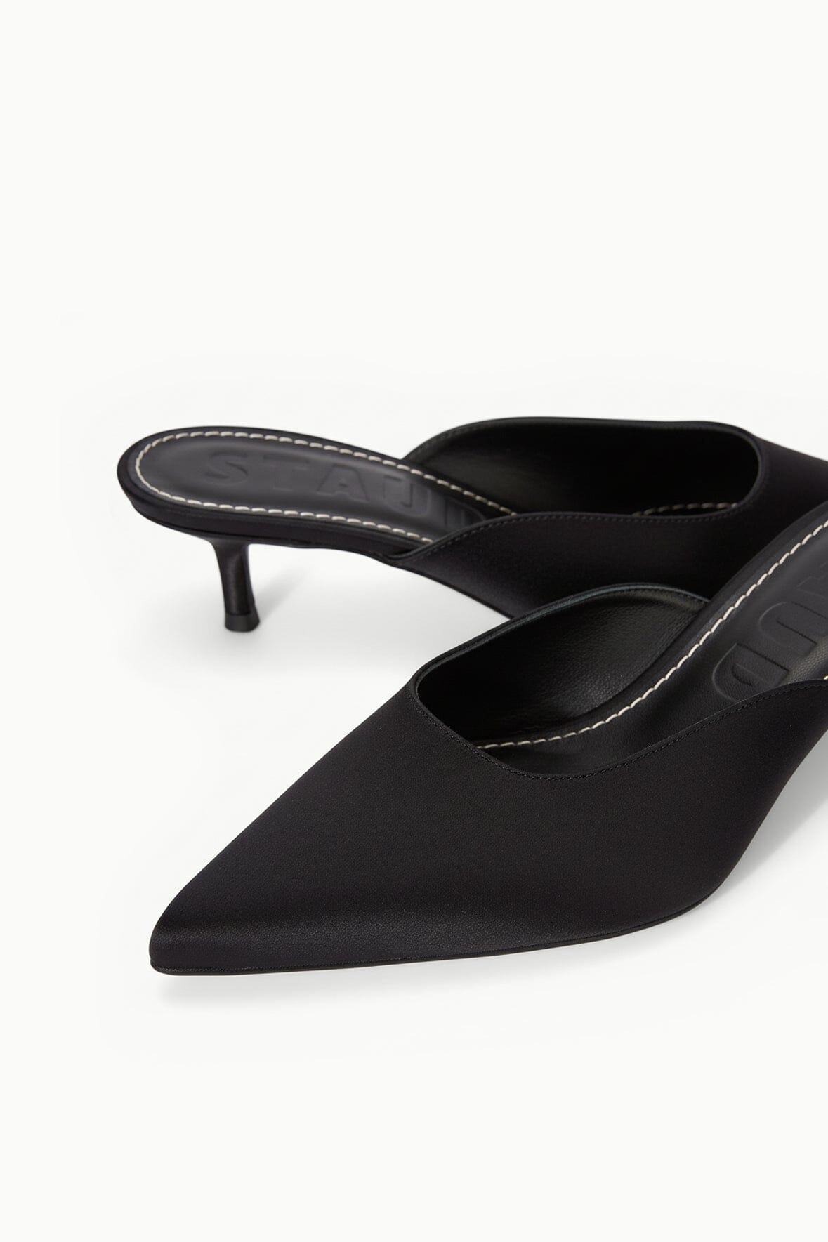Sebastian Kitten Heel Mule Black Satin | STAUD New
