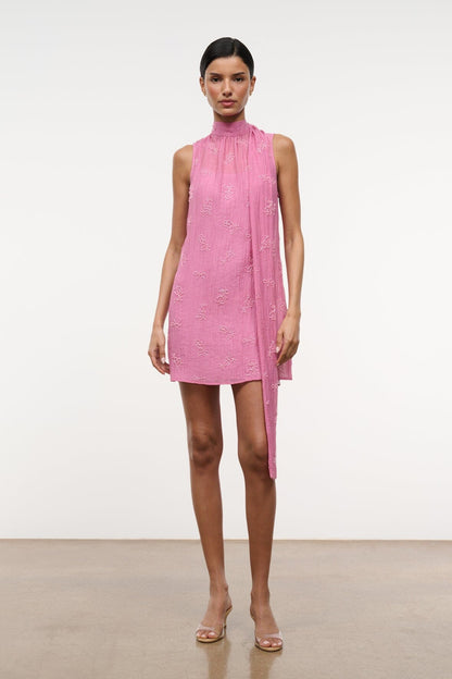 Albee Mini Dress In Beaded Pink Organza With Neck Tie Detail | STAUD Popular
