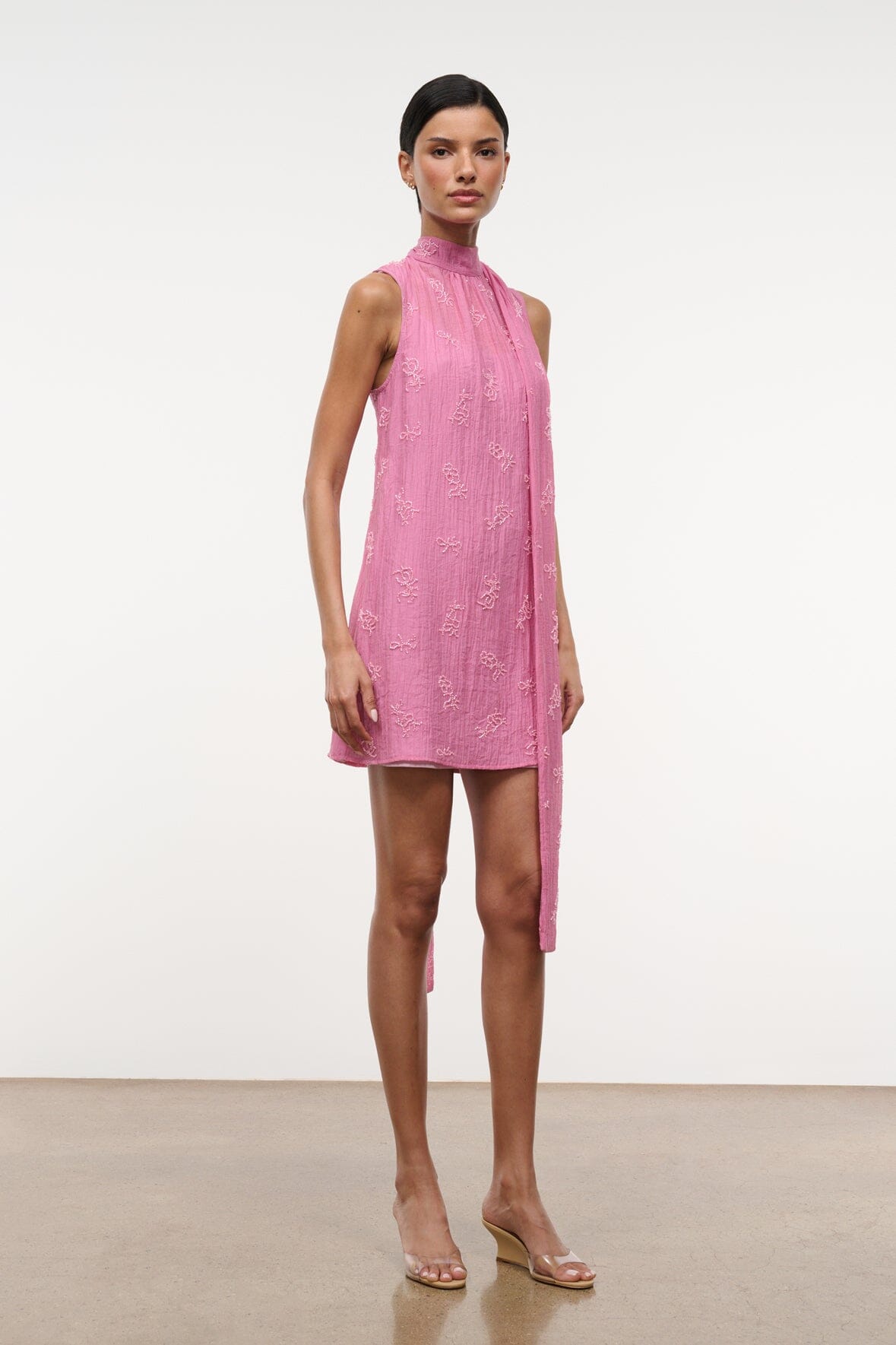 Albee Mini Dress In Beaded Pink Organza With Neck Tie Detail | STAUD Popular