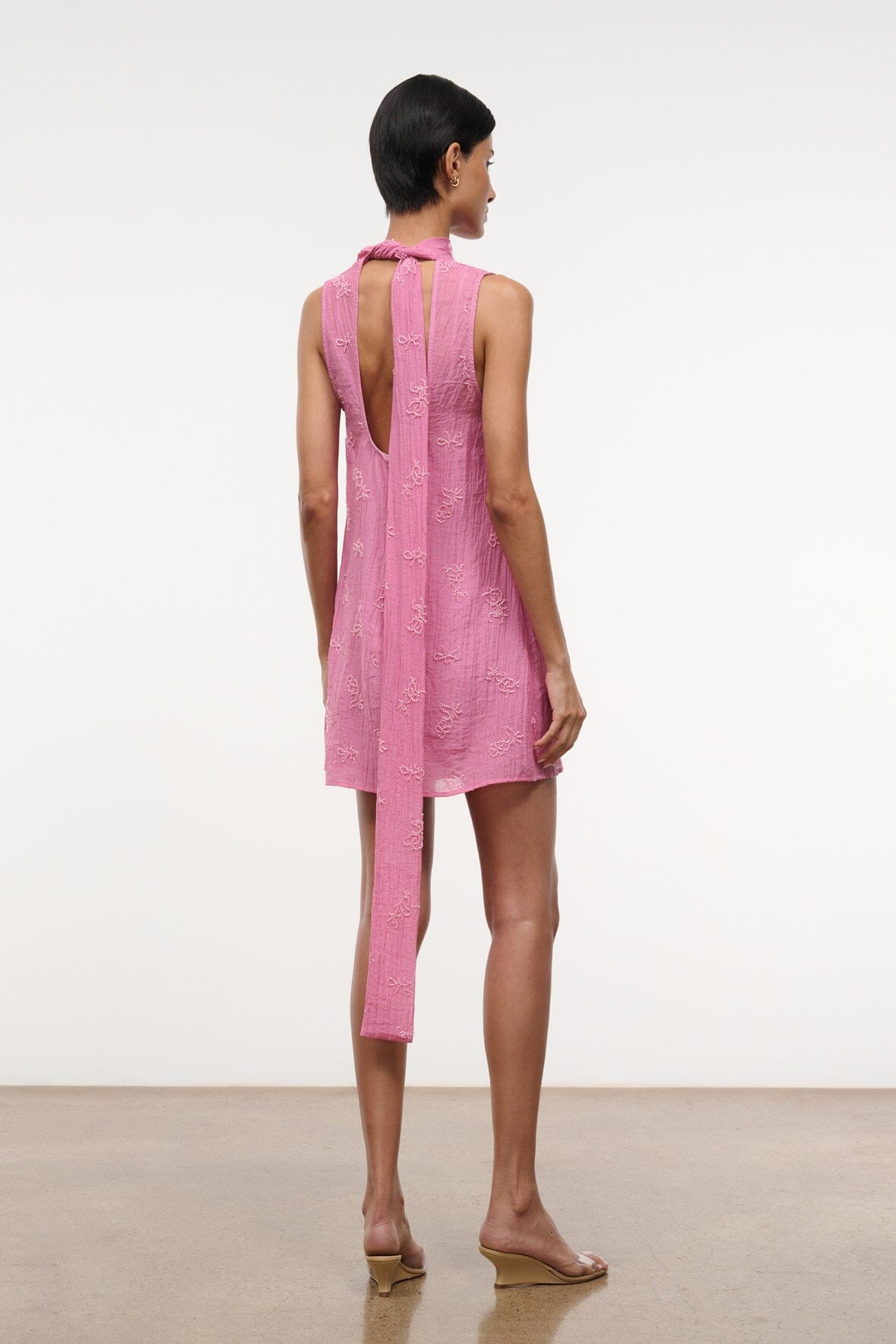 Albee Mini Dress In Beaded Pink Organza With Neck Tie Detail | STAUD Popular