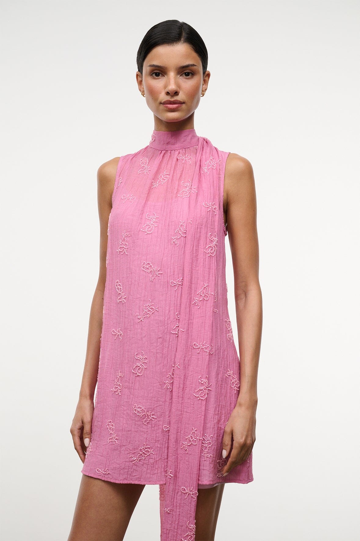 Albee Mini Dress In Beaded Pink Organza With Neck Tie Detail | STAUD Popular