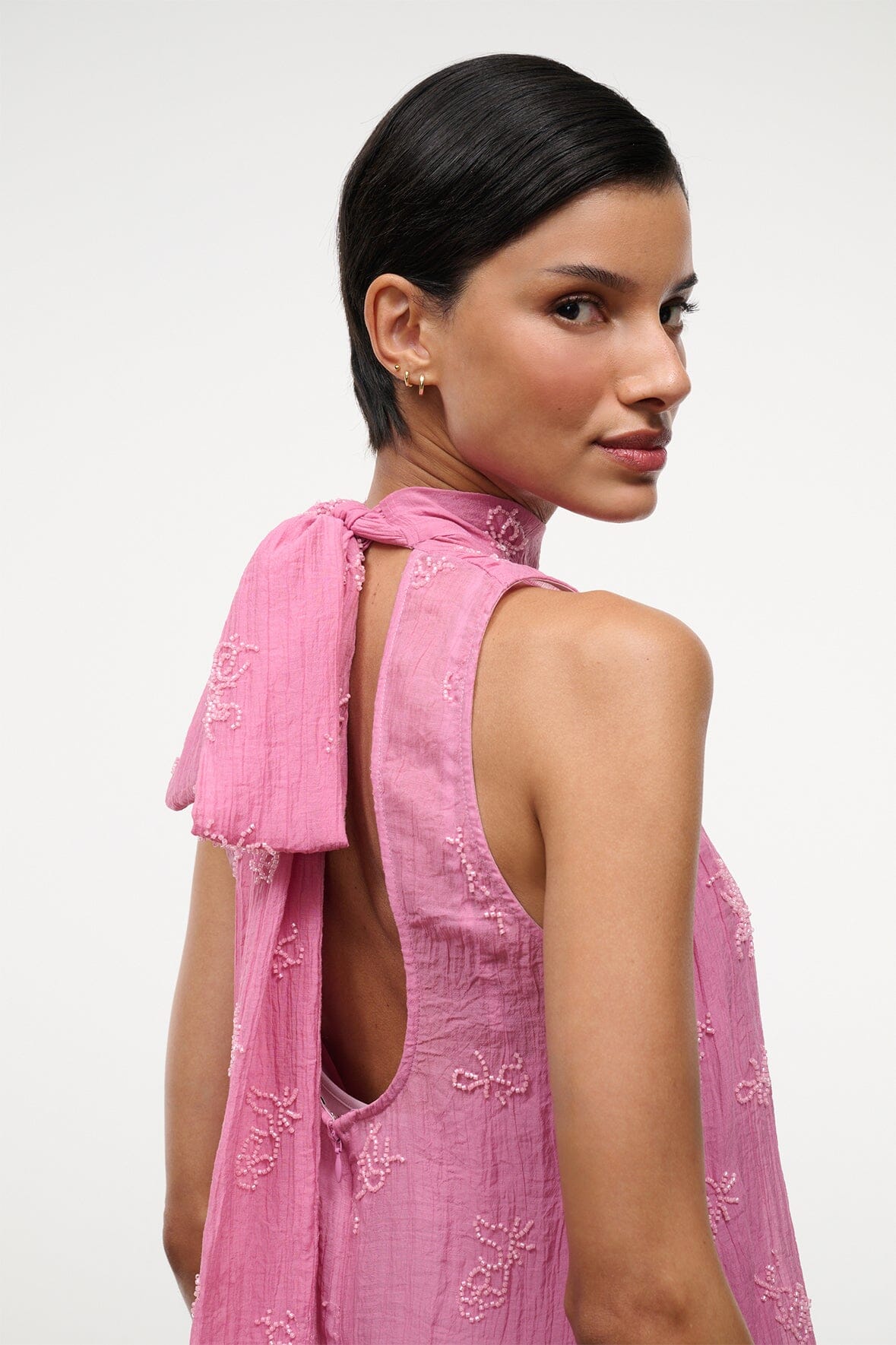 Albee Mini Dress In Beaded Pink Organza With Neck Tie Detail | STAUD Popular