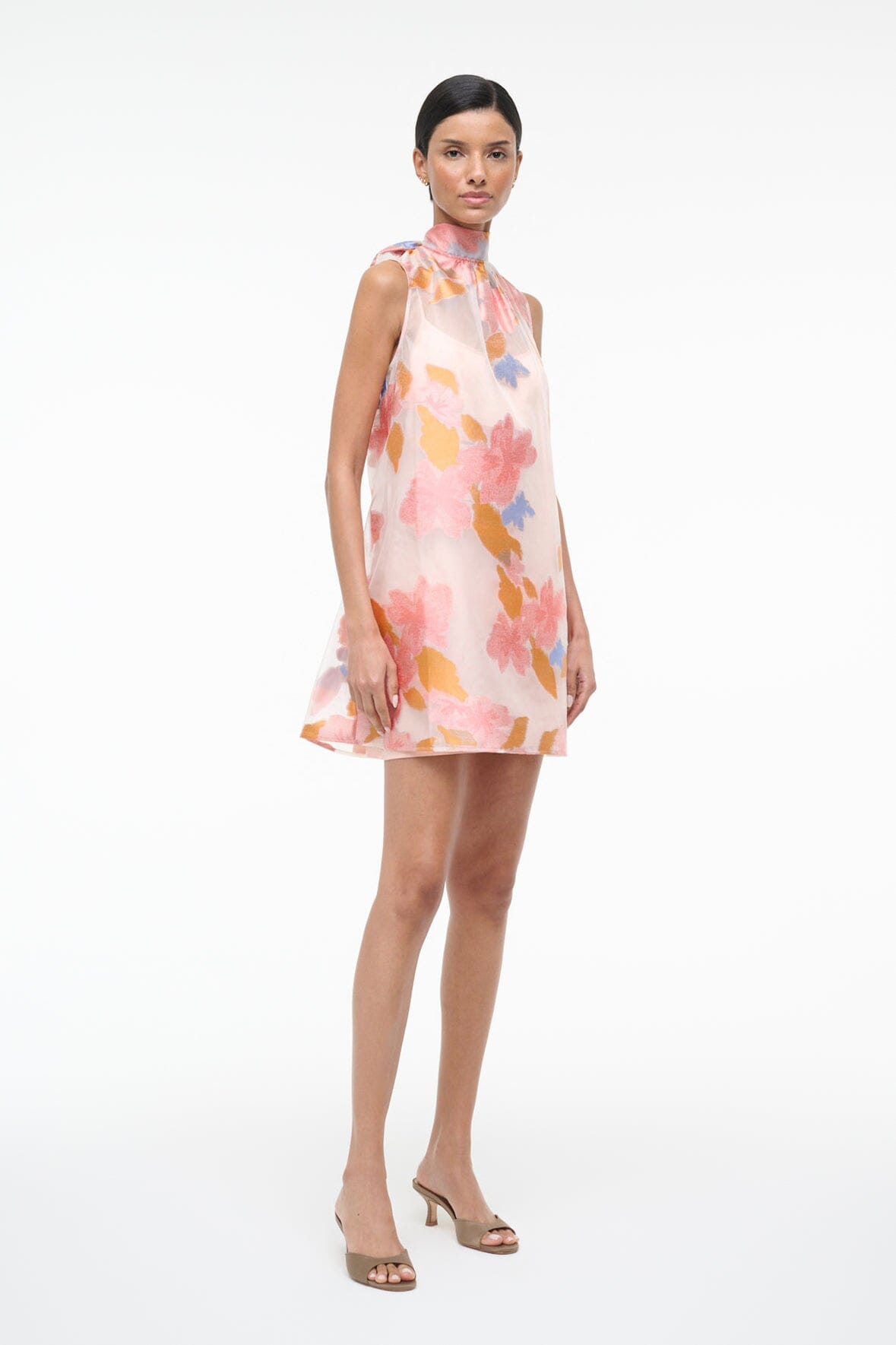 Albee Mini Dress: Sheer Floral Organza With High Neck | STAUD Sale