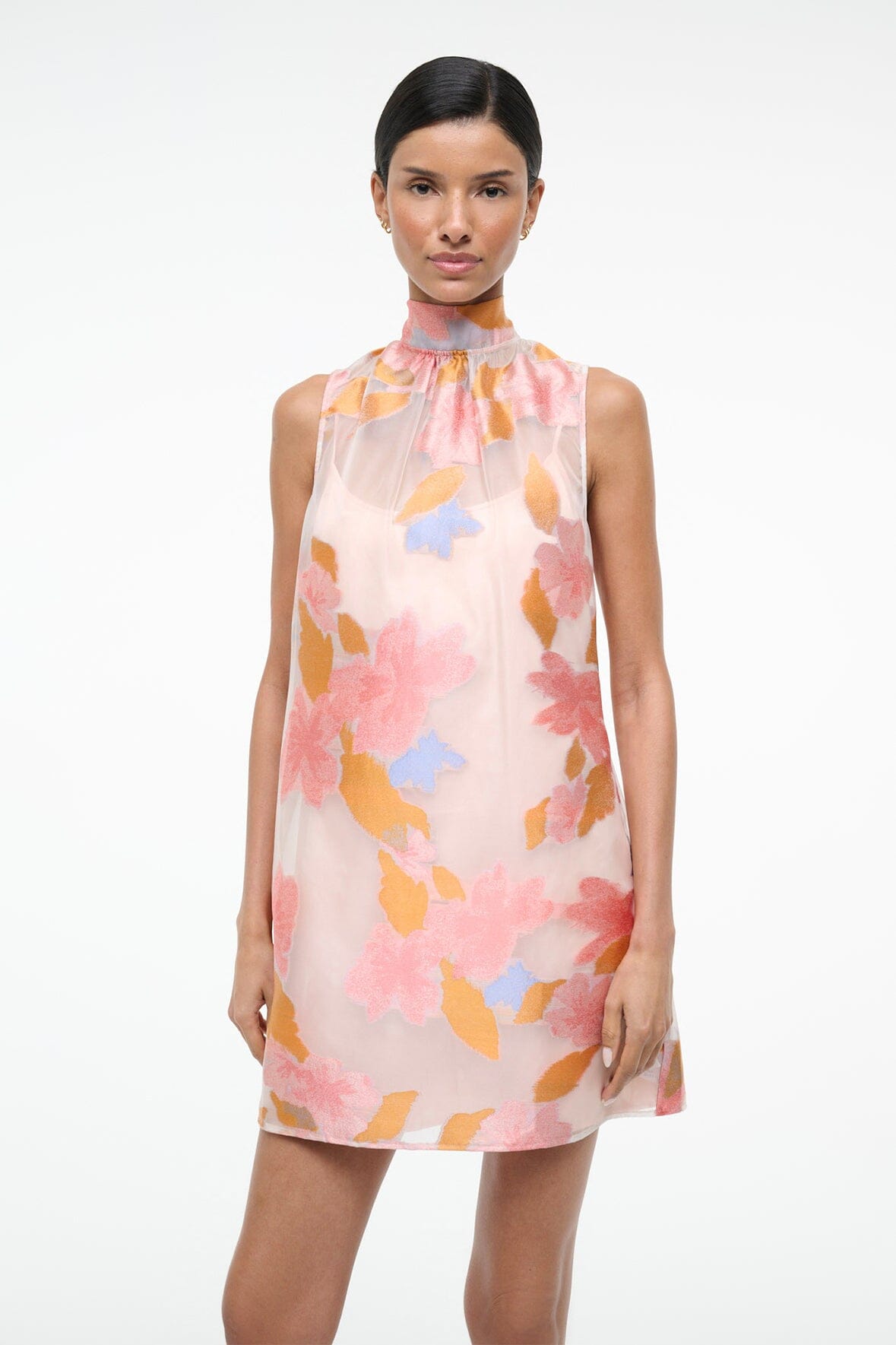 Albee Mini Dress: Sheer Floral Organza With High Neck | STAUD Sale
