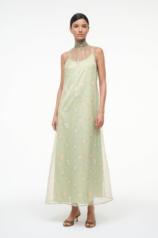 Albee Dress In Botanical Moss - Light Green Organza Gown | STAUD Essential