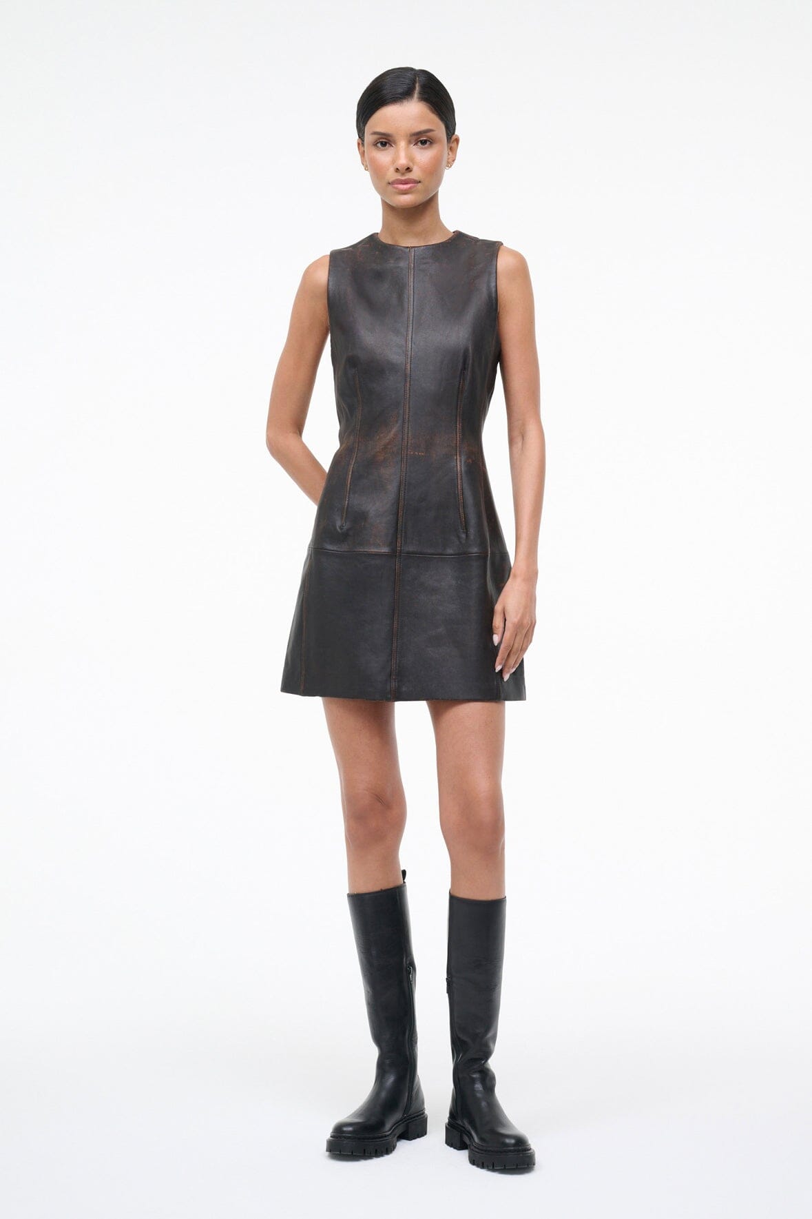 Binx Leather Dress Distressed Brown | STAUD Value