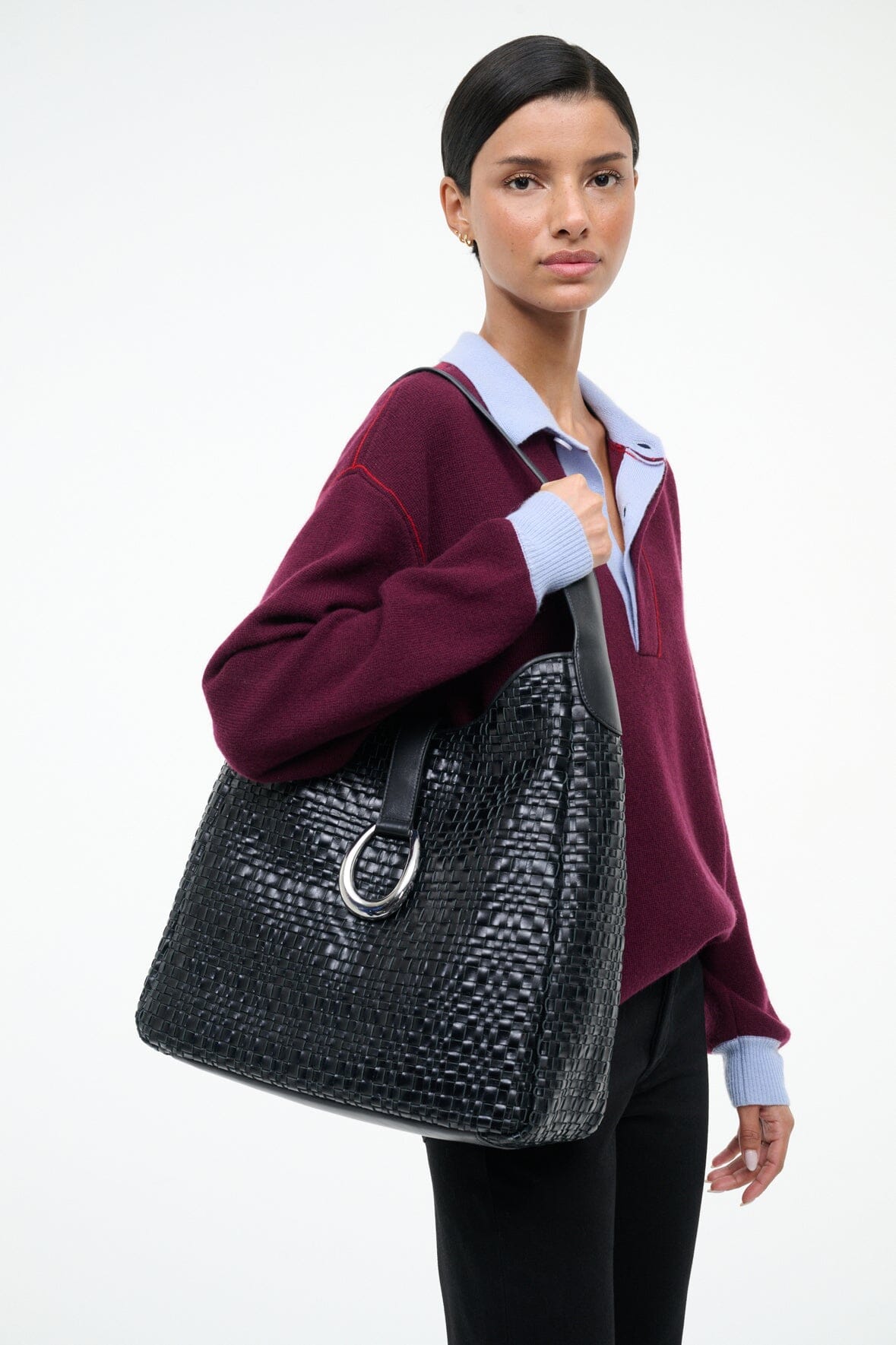 Maya Hobo Bag Black Woven | STAUD Classic